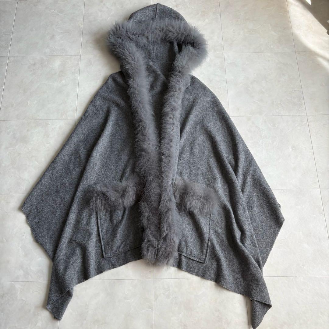 美品✨Diagram カシミヤ×FOXファー フードケープ ポンチョ グレー F