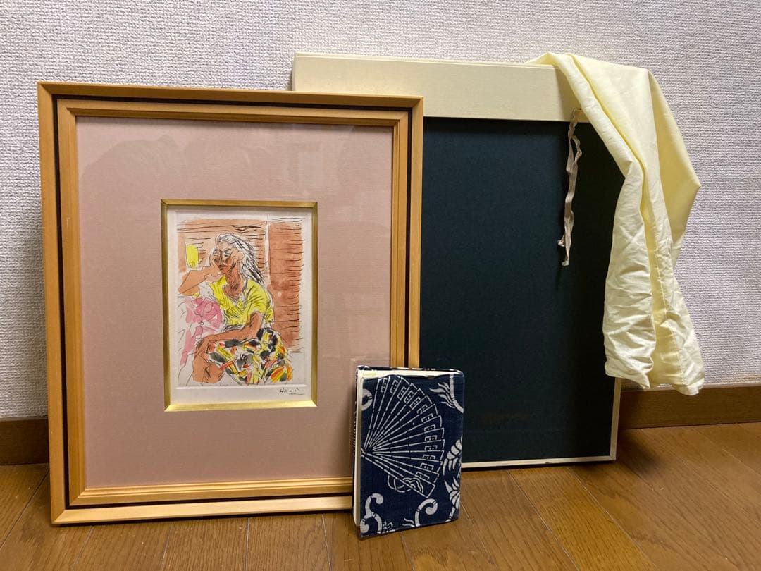 銅版画に手彩色【巨匠　原精一 】 女性像 「美術年鑑」掲載作家 布タトウ箱•黄袋