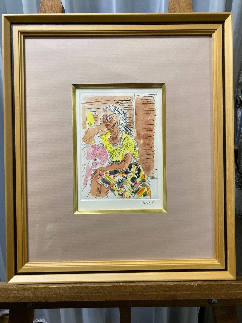 銅版画に手彩色【巨匠　原精一 】 女性像 「美術年鑑」掲載作家 布タトウ箱•黄袋