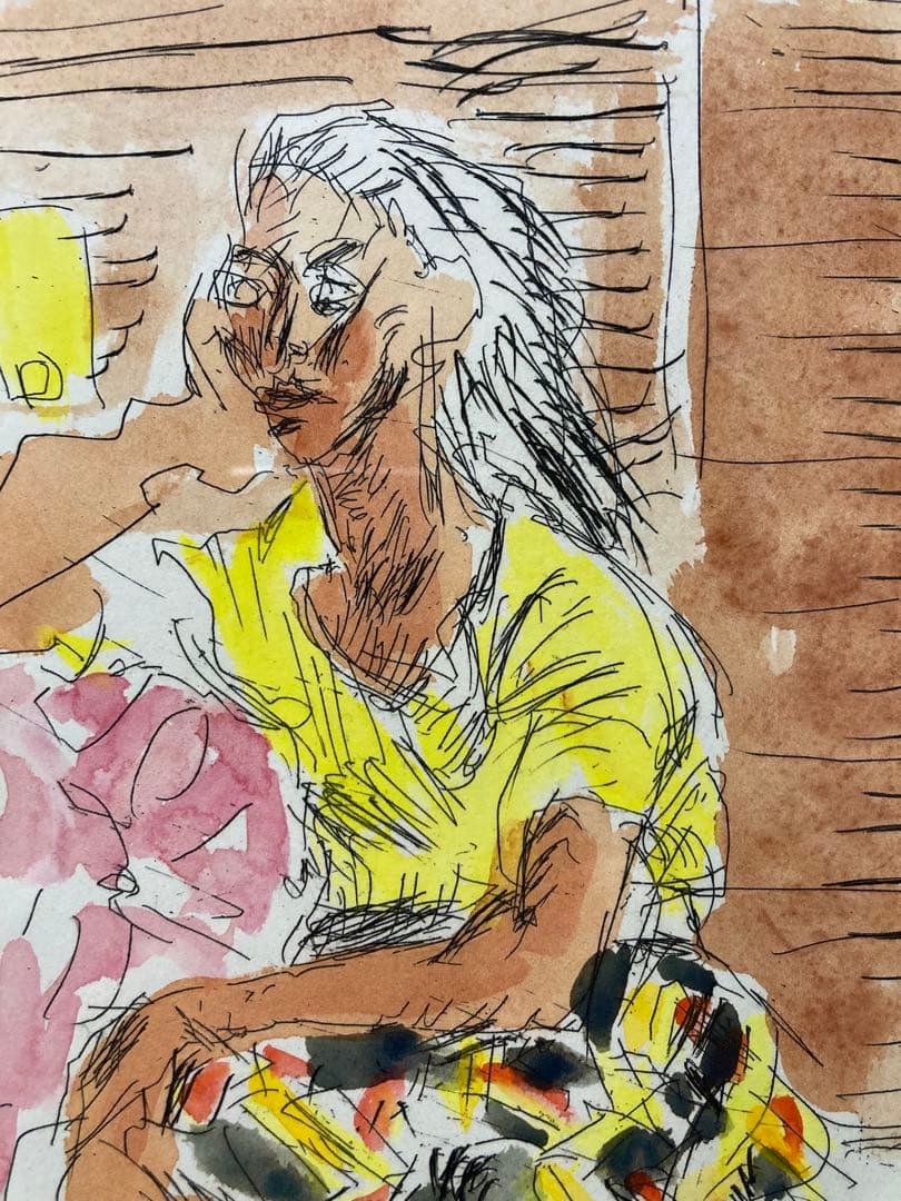 銅版画に手彩色【巨匠　原精一 】 女性像 「美術年鑑」掲載作家 布タトウ箱•黄袋