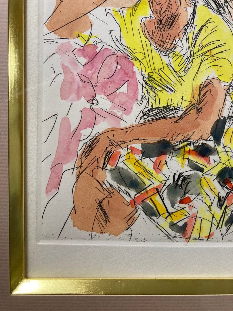 銅版画に手彩色【巨匠　原精一 】 女性像 「美術年鑑」掲載作家 布タトウ箱•黄袋