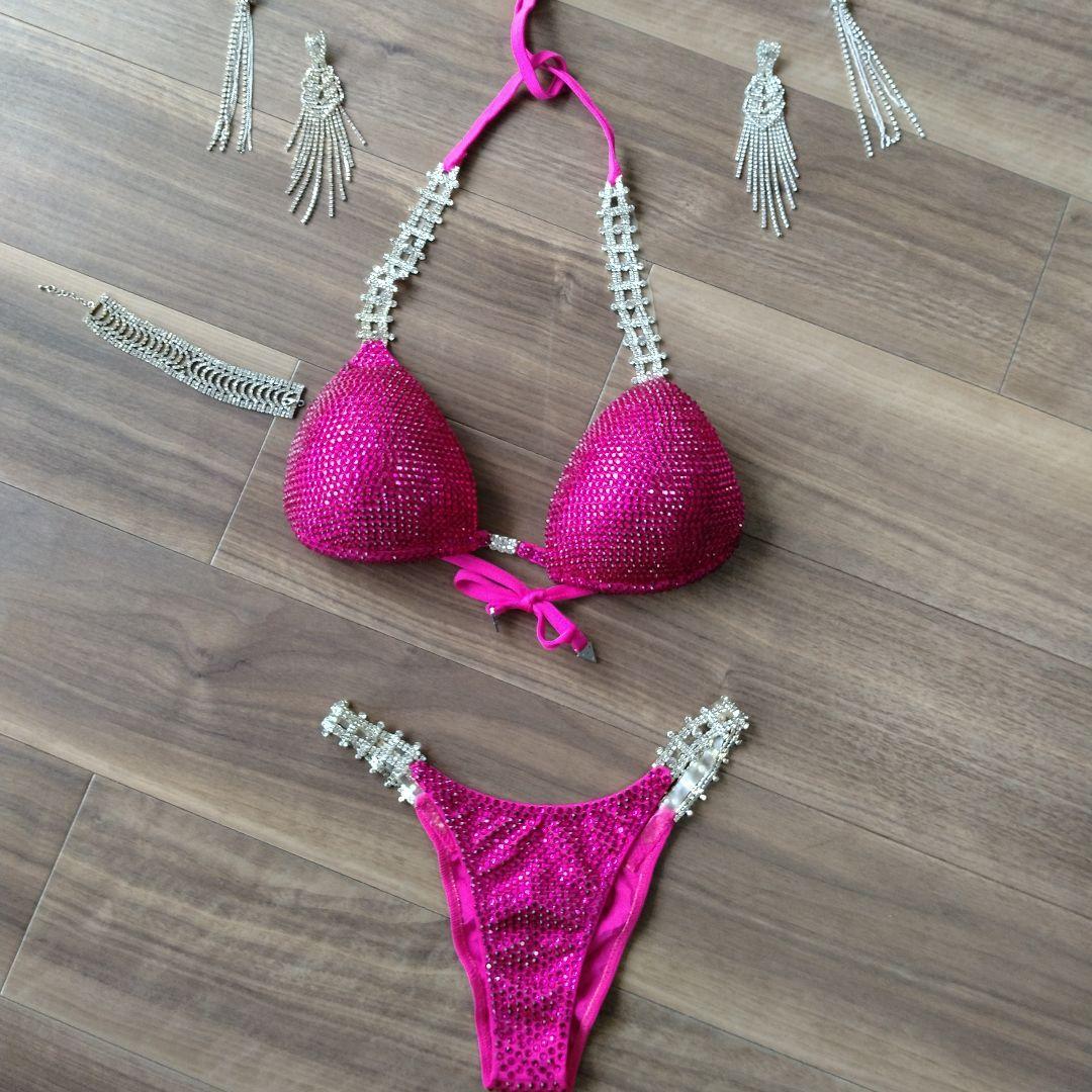 コンテストビキニ　4点セットピアス2種とブレスレット 　パッションピンク