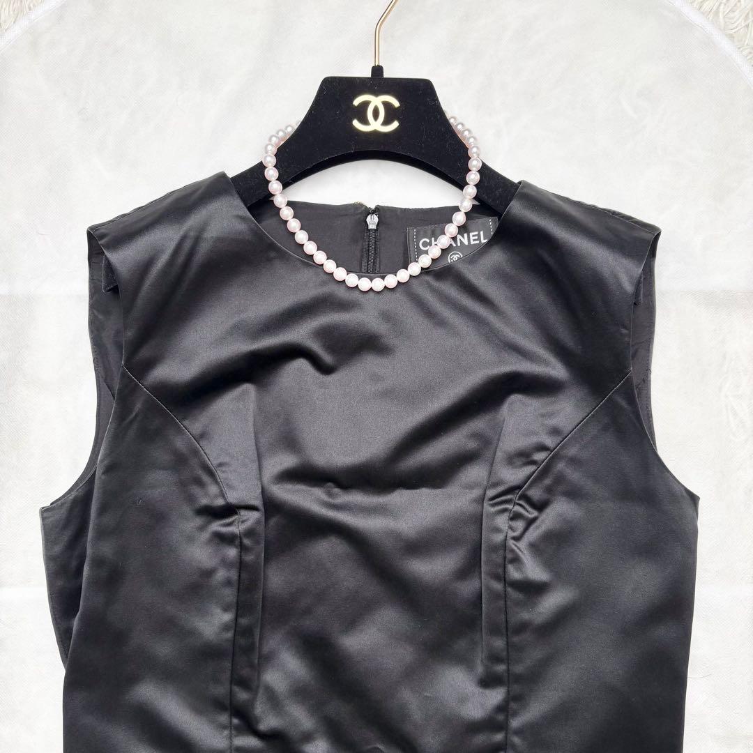CHANEL シルクワンピース ノースリーブ グリポアボタン ココマーク 42