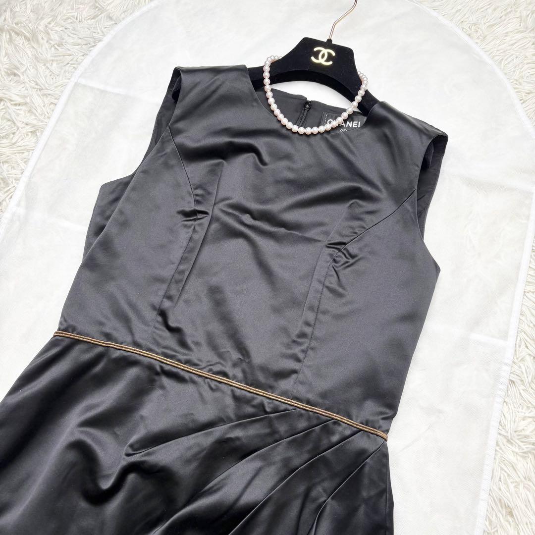 CHANEL シルクワンピース ノースリーブ グリポアボタン ココマーク 42