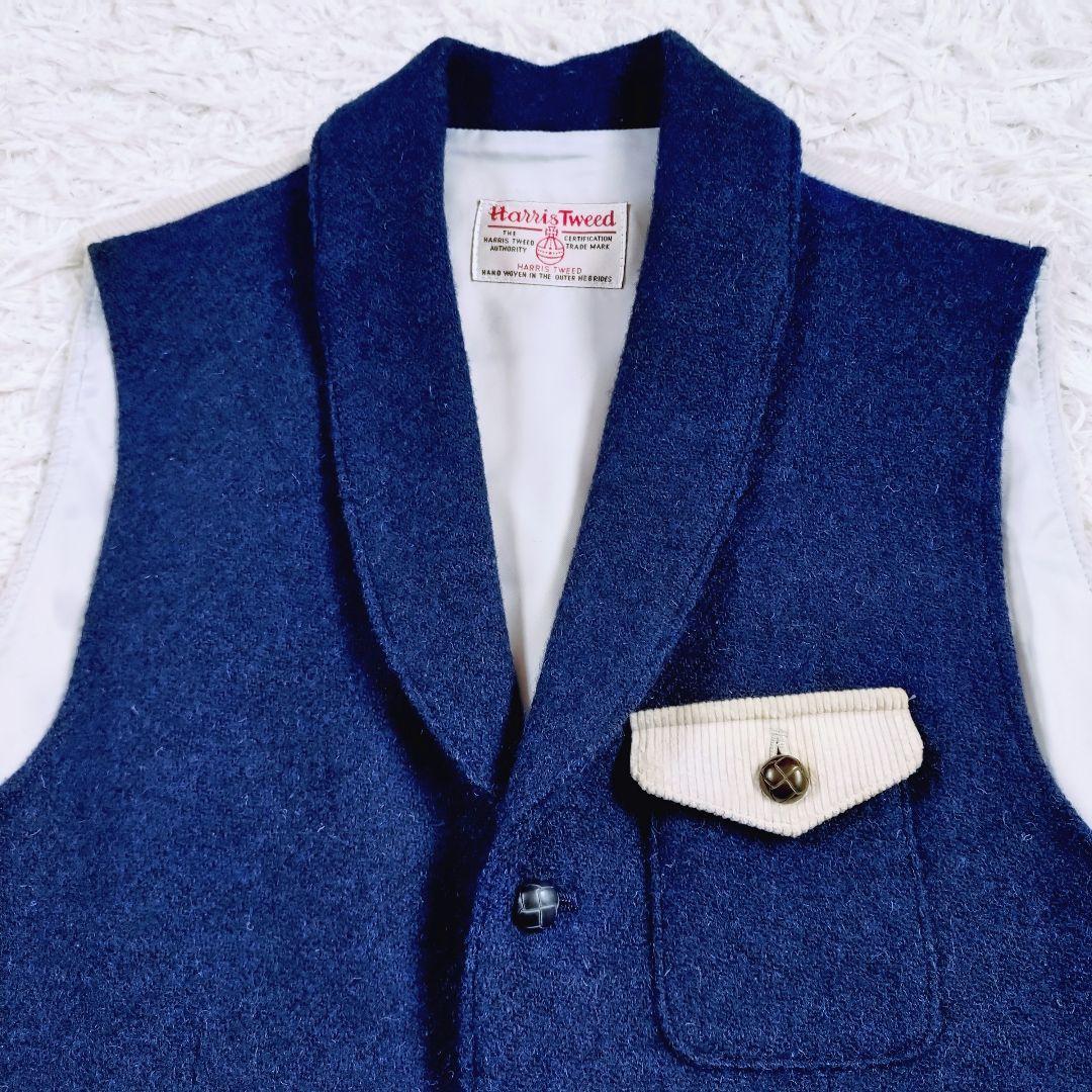 [お洒落]ハリスツイード　ミツミネ　ベスト　 濃紺　くるみボタン　コーデュロイ