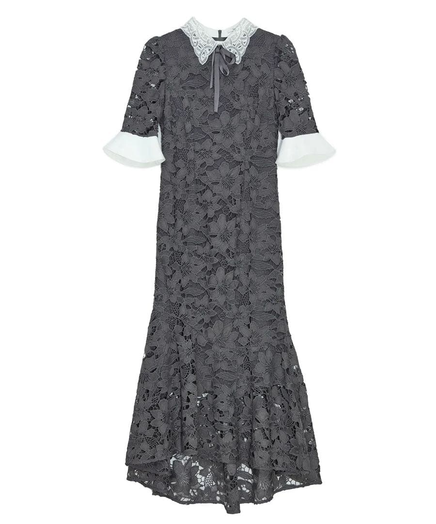 Leja パールカラーボウタイフラワーレースフィッシュテールワンピース