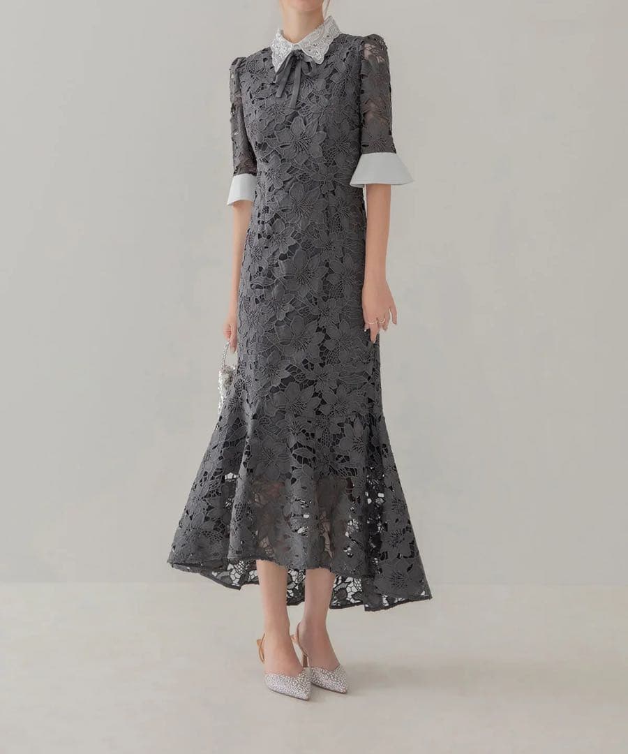 Leja パールカラーボウタイフラワーレースフィッシュテールワンピース