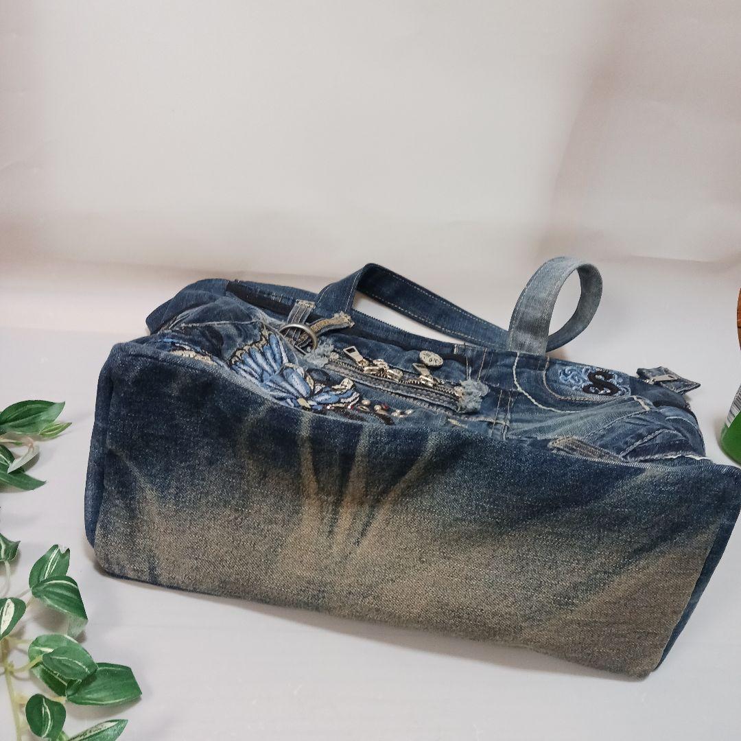 おにっち⑧　リメイクデニム　青い蝶々　特大トートバッグ　Lサイズ