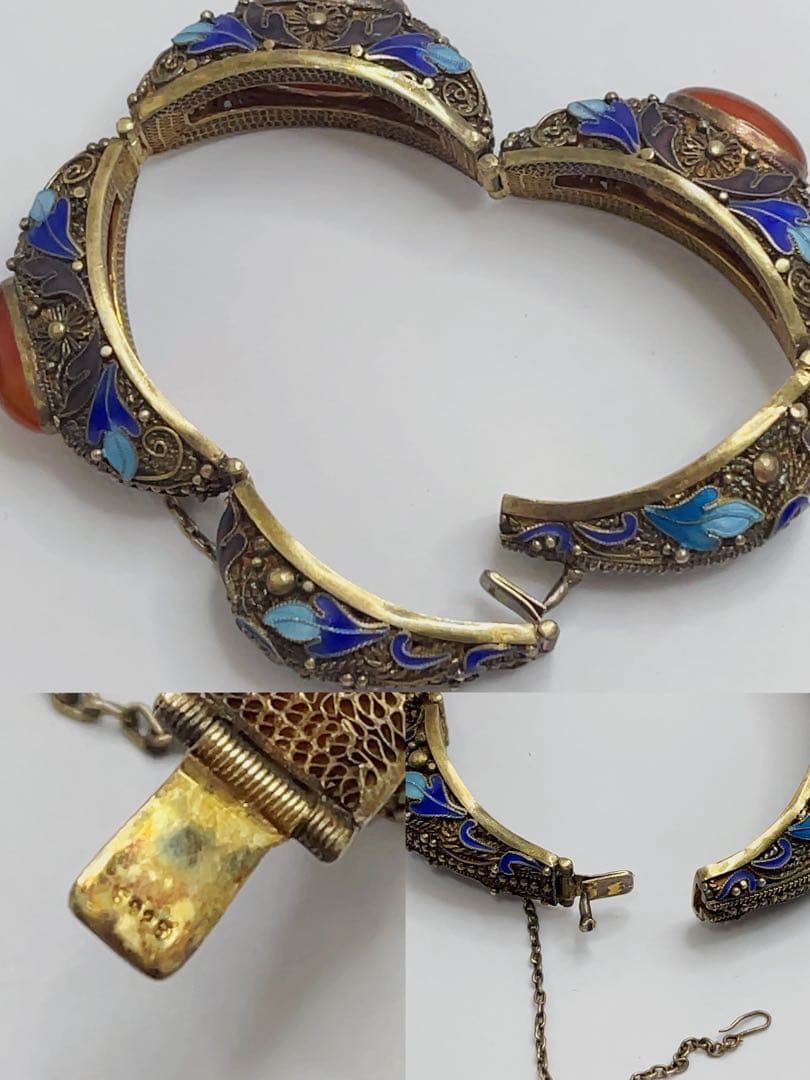 中国七宝 s925 銀線細工 天然石 ストーン ブレスレット バングル