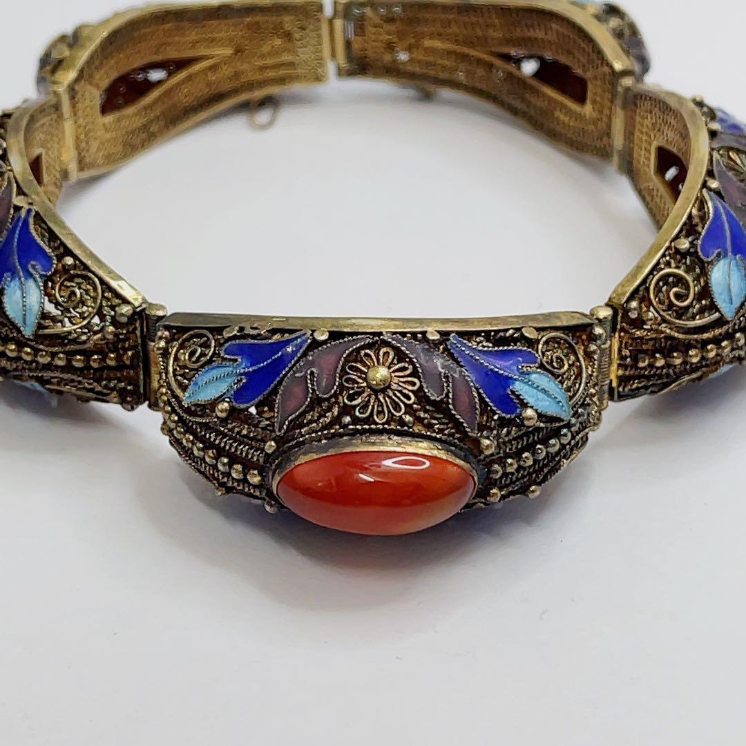 中国七宝 s925 銀線細工 天然石 ストーン ブレスレット バングル