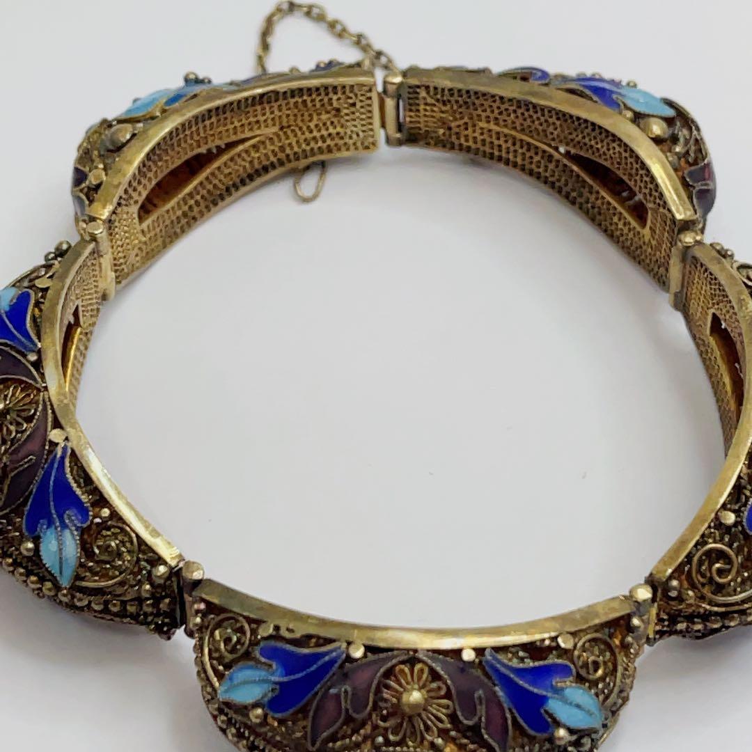 中国七宝 s925 銀線細工 天然石 ストーン ブレスレット バングル