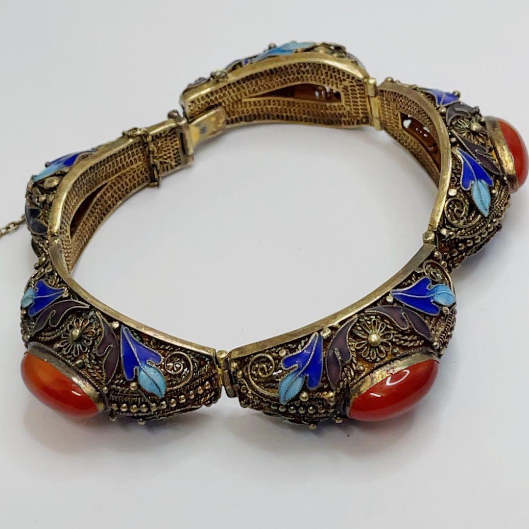 中国七宝 s925 銀線細工 天然石 ストーン ブレスレット バングル