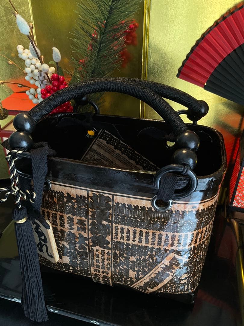 一閑張り　大相撲　相撲番付表　和風　かごバッグ　柿渋　一閑張りバッグ