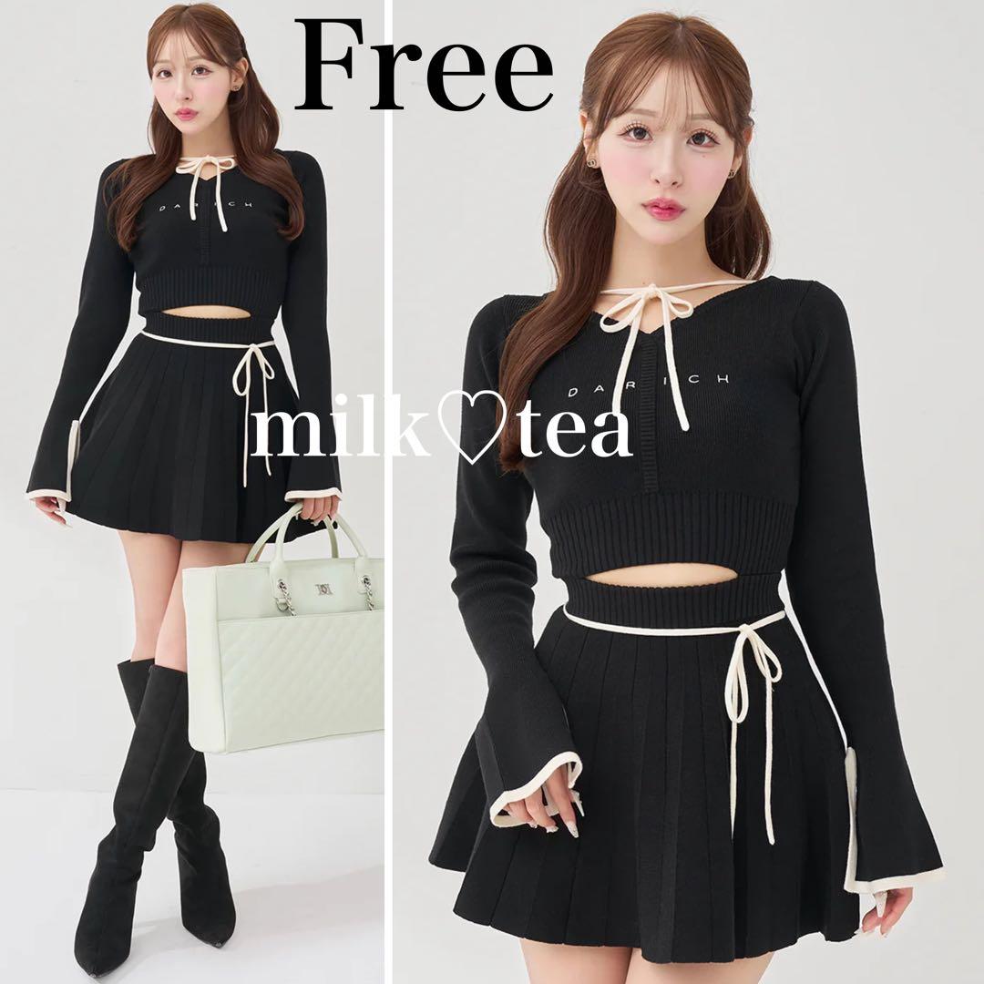 新品 ウエストオープンリボンデザインニットミニワンピース ダーリッチ 黒 フリー