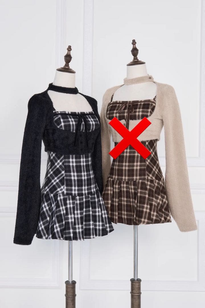 BunnyLis ファーボレロ×チェックミニワンピ ブラック