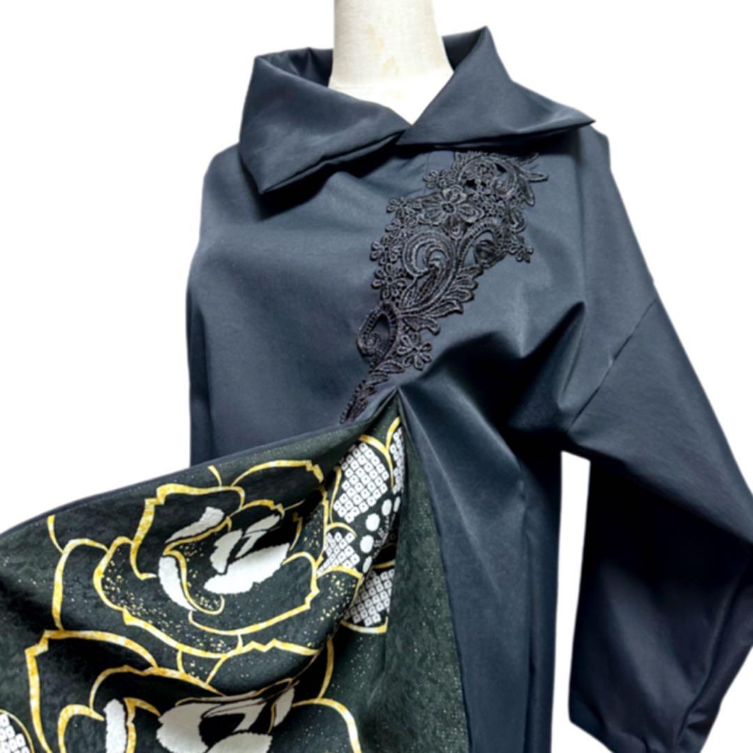 振袖　着物リメイク　ドレス　黒×ラメに薔薇や桜　和柄　ワンピース　ハンドメイド