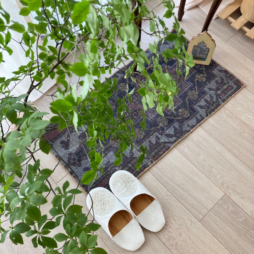 濃淡ブルー✳︎43×83 イエロー　ピンクメダリオン　トルコヴィンテージラグ