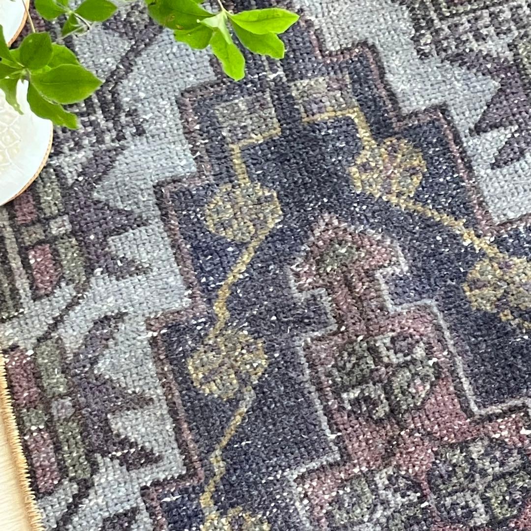 濃淡ブルー✳︎43×83 イエロー　ピンクメダリオン　トルコヴィンテージラグ