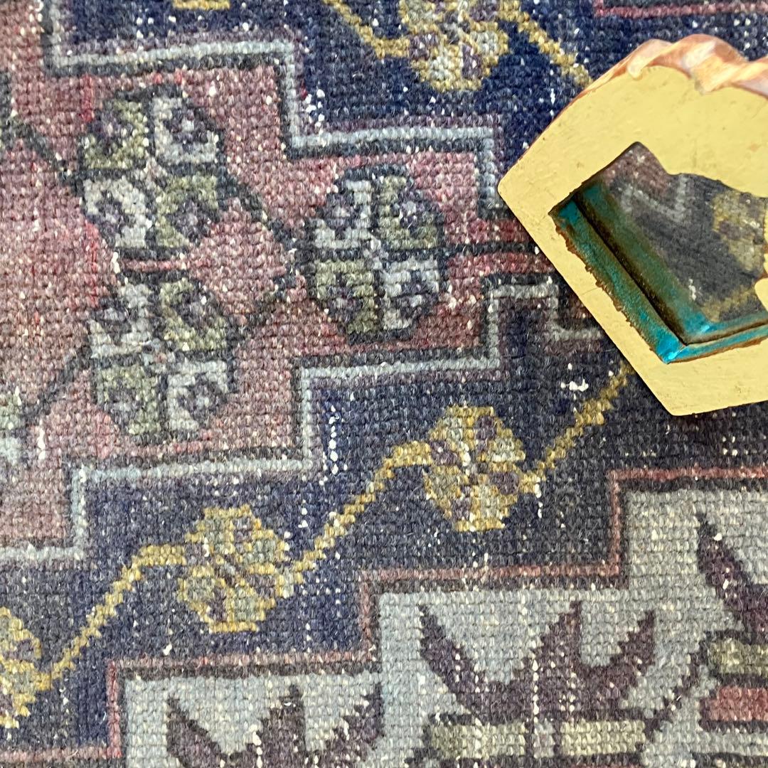 濃淡ブルー✳︎43×83 イエロー　ピンクメダリオン　トルコヴィンテージラグ