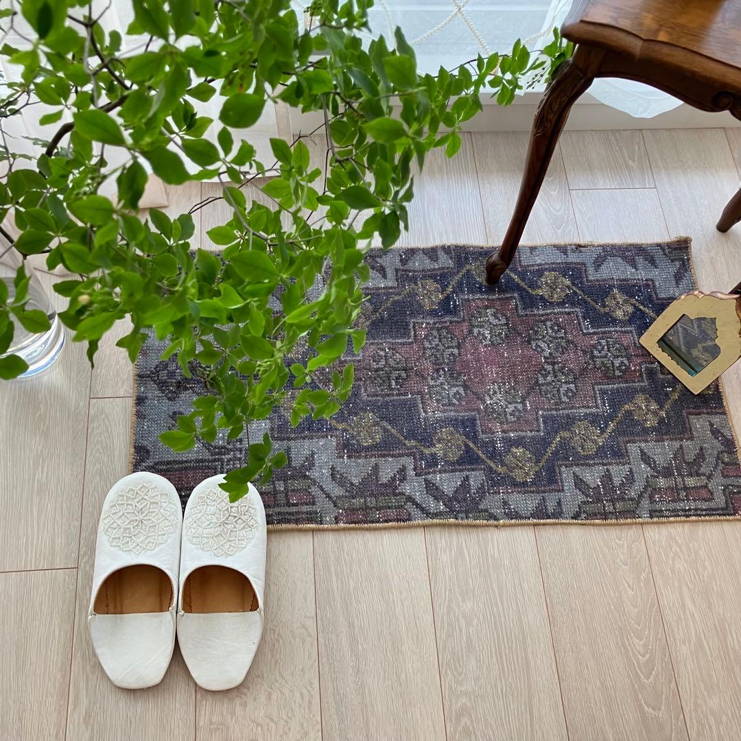 濃淡ブルー✳︎43×83 イエロー　ピンクメダリオン　トルコヴィンテージラグ