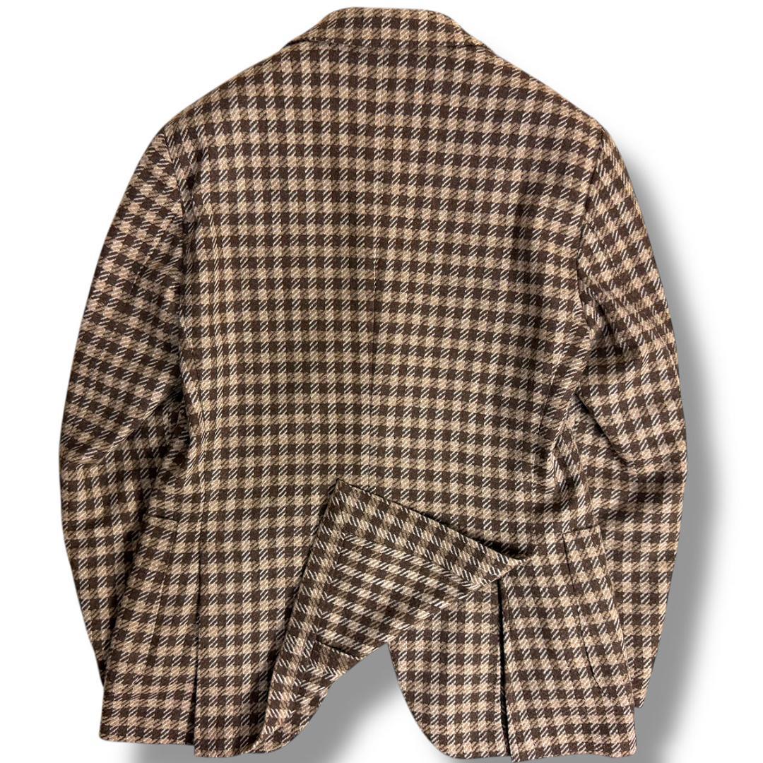 J6437 美品 ラルディーニ カシミヤ混チェック柄テーラードジャケット 茶48