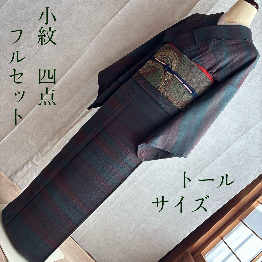 小紋　フルセット　着物　トールサイズ　正絹　大人着物　深色格子　粋　J1