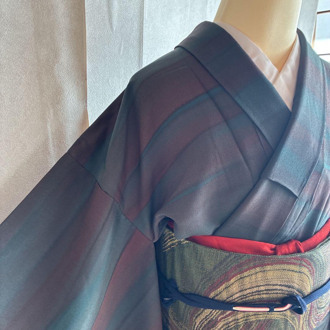 小紋　フルセット　着物　トールサイズ　正絹　大人着物　深色格子　粋　J1