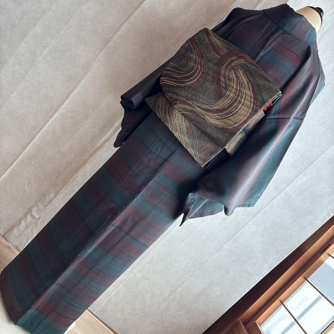 小紋　フルセット　着物　トールサイズ　正絹　大人着物　深色格子　粋　J1