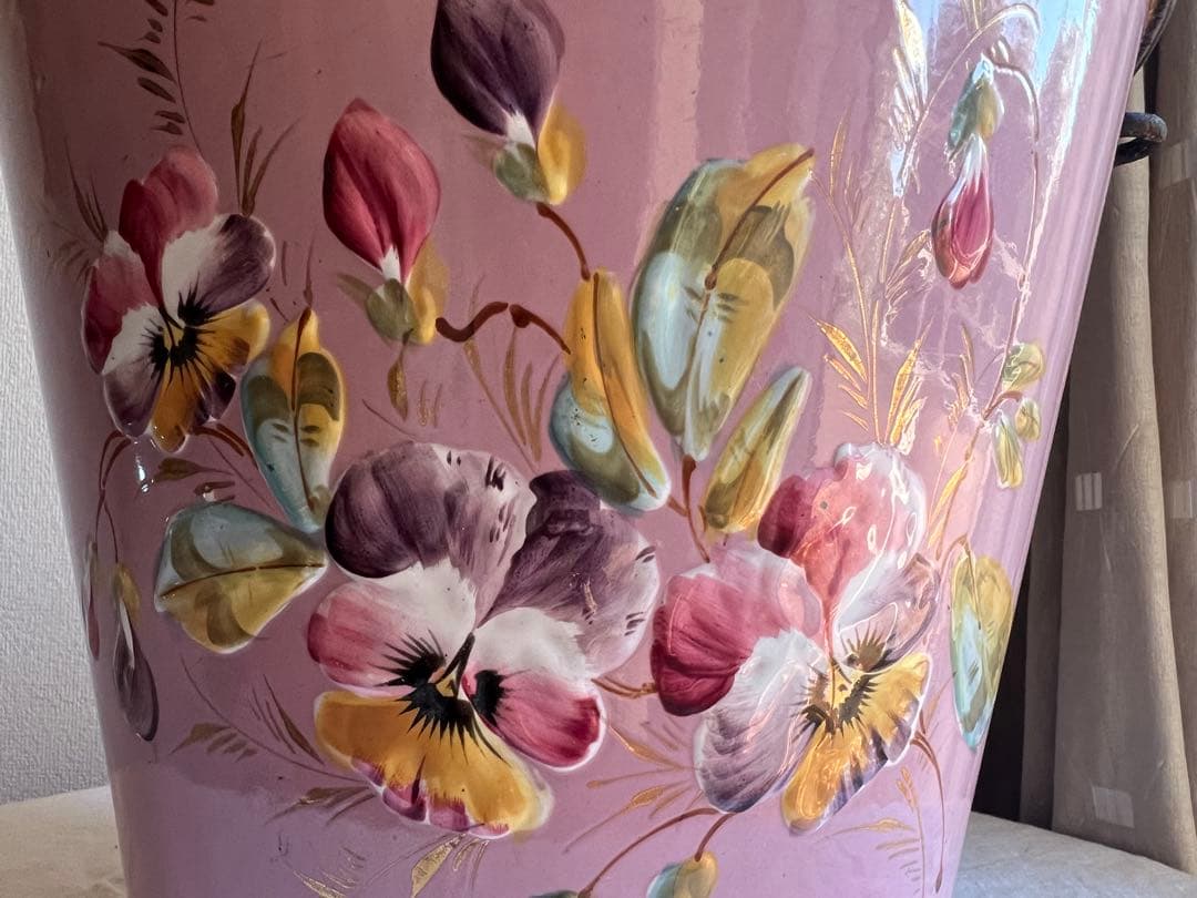 希少♡フランスアンティーク　ピンク　手描き　ホーロー　バケツ　ハンドペイント