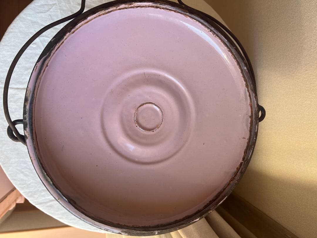 希少♡フランスアンティーク　ピンク　手描き　ホーロー　バケツ　ハンドペイント