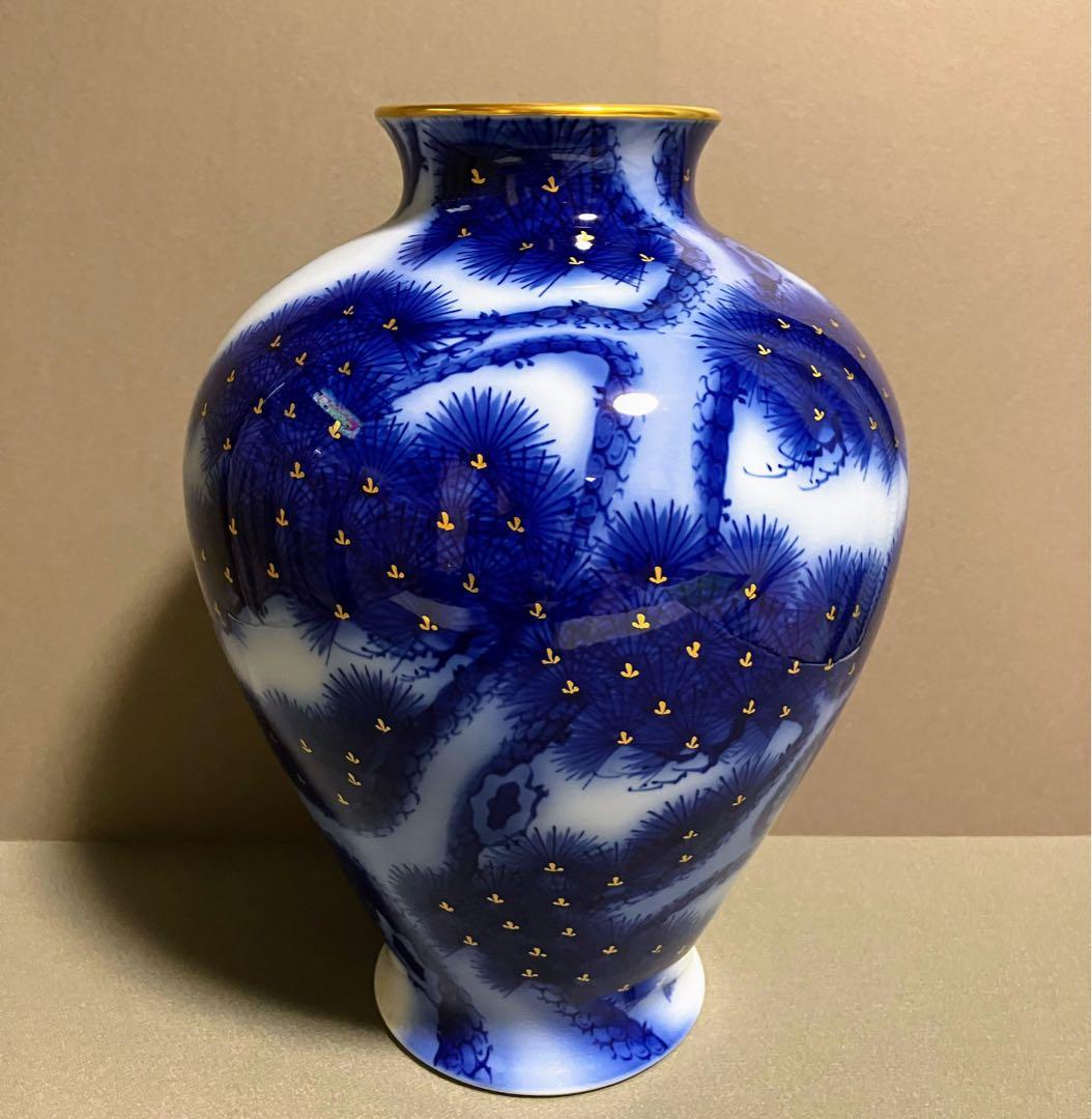 香蘭社 染錦模様 老松紋 花瓶 瑠璃色 金彩