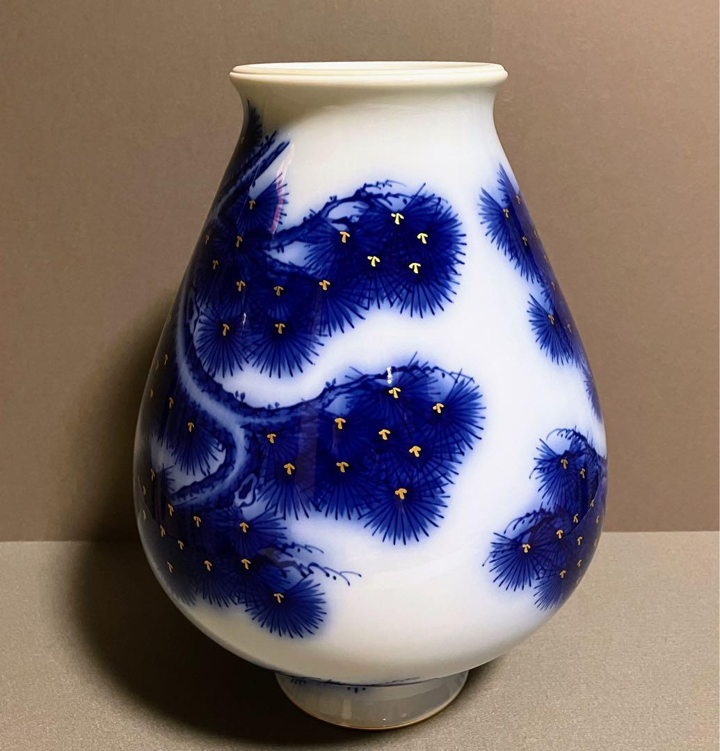 香蘭社 染錦模様 老松紋 花瓶 瑠璃色 金彩