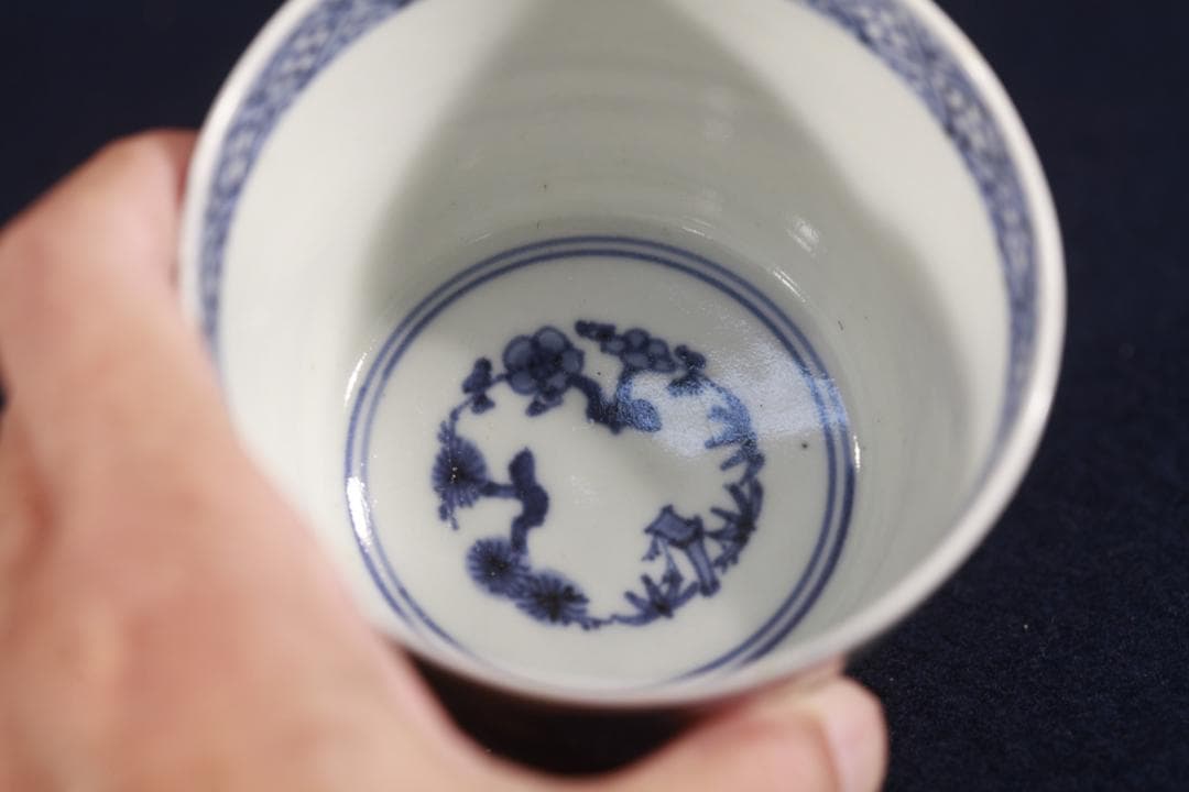 387　古伊万里大振染付菖蒲草花八橋図蕎麦猪口　無傷美品　江戸中期