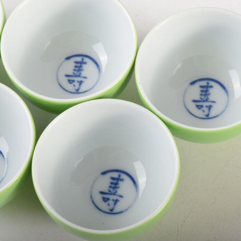 煎茶道具　賣茶流　黄緑釉　祝壽茶碗　五客　共布共箱　V　7978