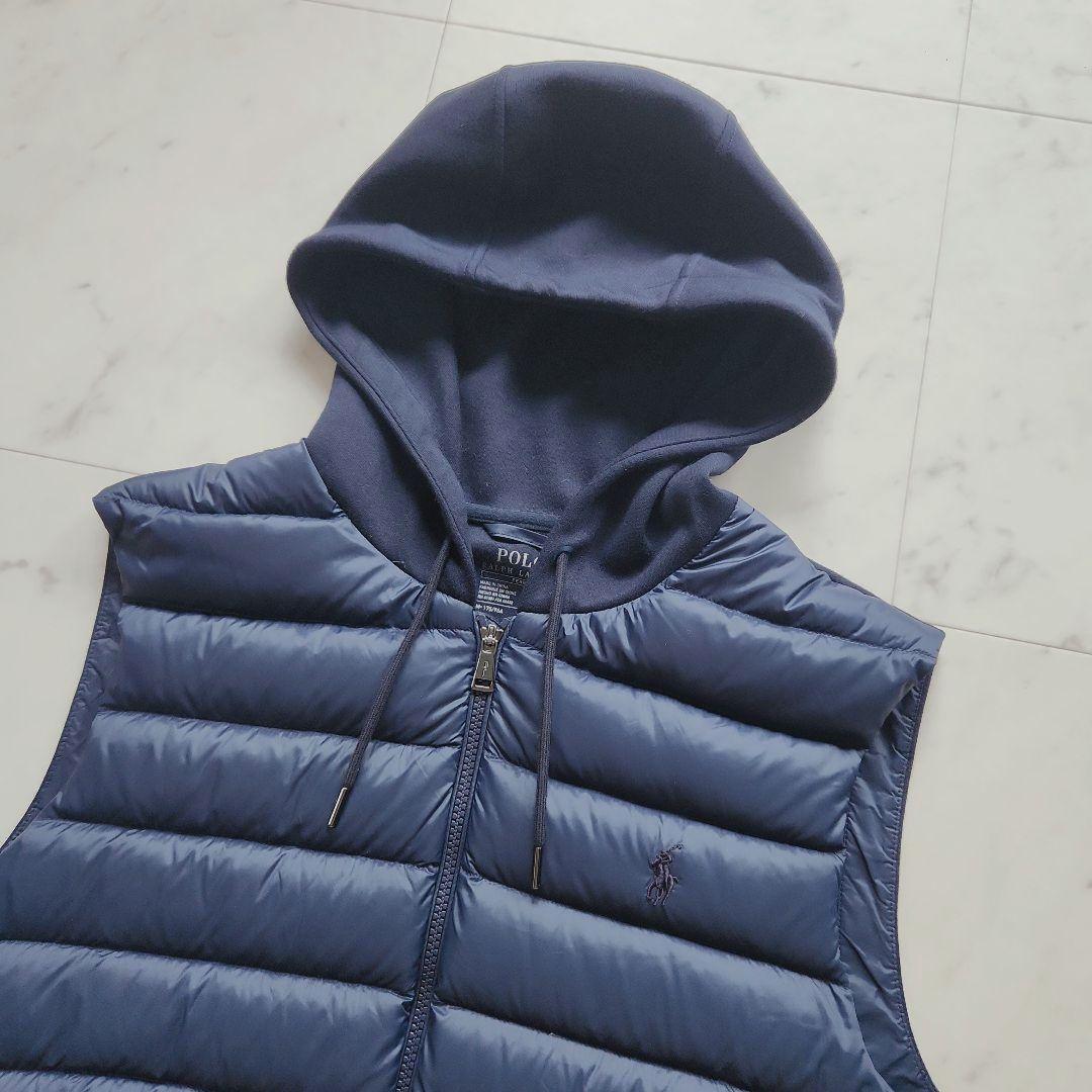 美品 ラルフローレン 切替 ポニー刺繍 ダウンベスト 紺 フード付き Mサイズ