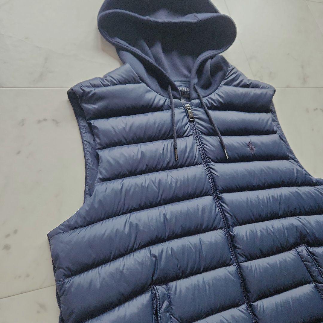 美品 ラルフローレン 切替 ポニー刺繍 ダウンベスト 紺 フード付き Mサイズ
