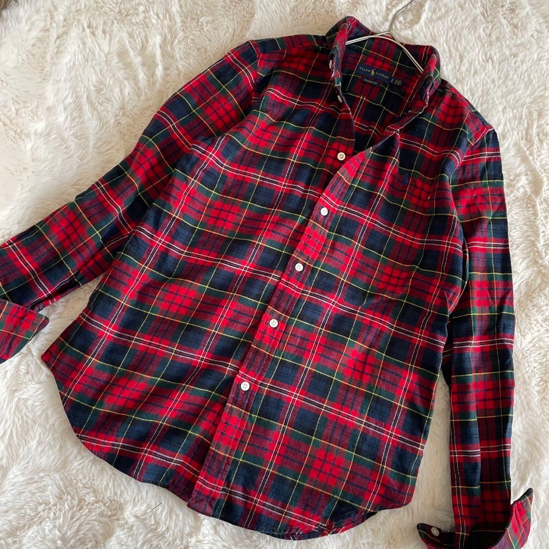 美品　ラルフローレン　S ネルシャツ　タータンチェック　ポニー刺繍　レッド系