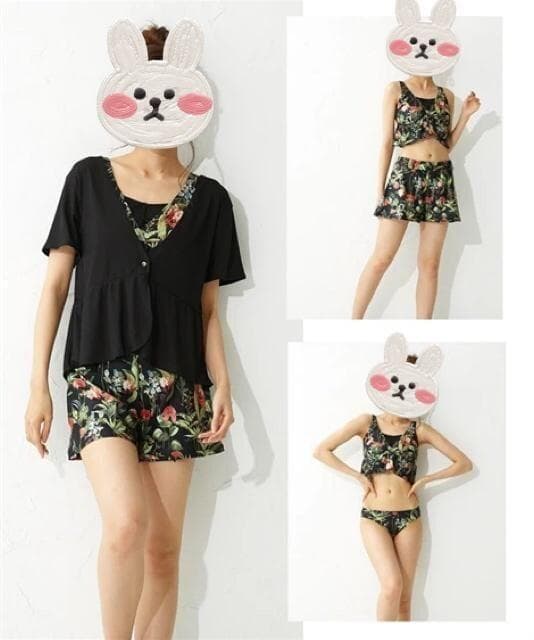 新品☆3L♪黒系♪水着5点セット♪ビスチェ×バンドゥビキニ♪短パン☆s890