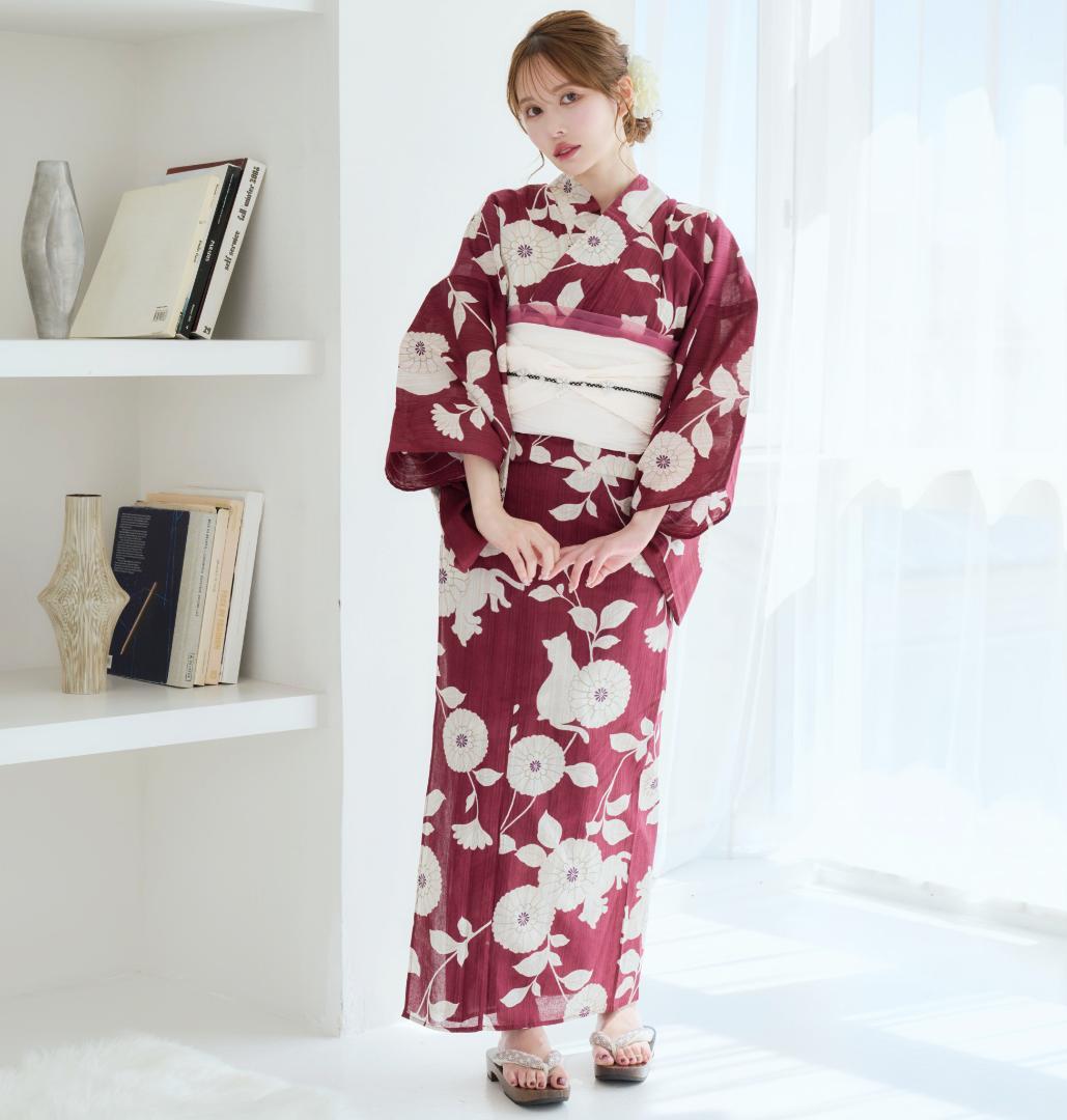 新品 浴衣のみ　帯無しえんじ 白 Y5-7