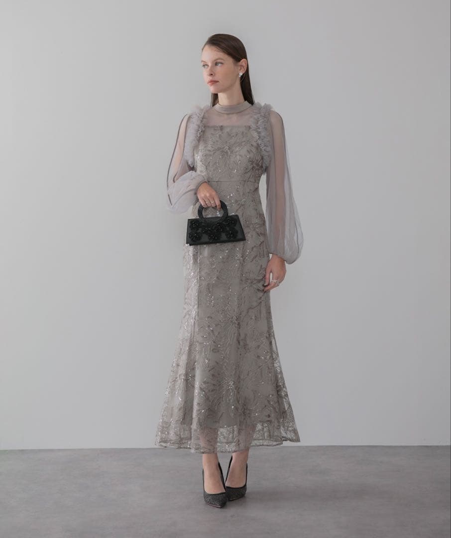 フラワースパンコールチュールフリルロングスリーブマーメイドワンピースドレス