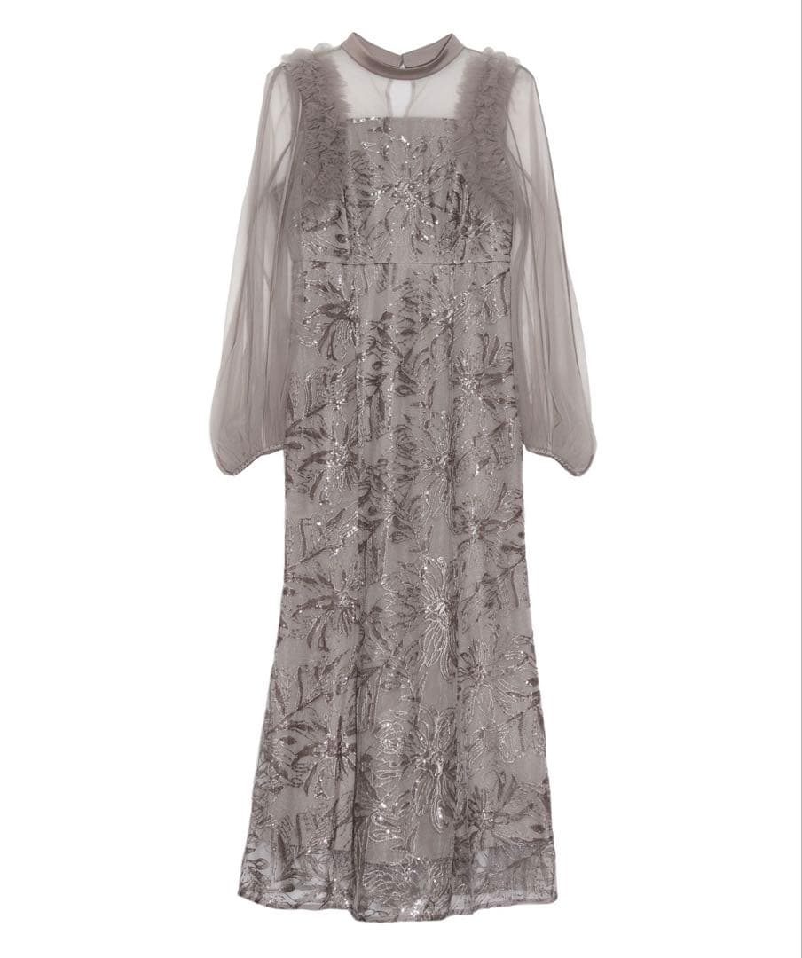 フラワースパンコールチュールフリルロングスリーブマーメイドワンピースドレス