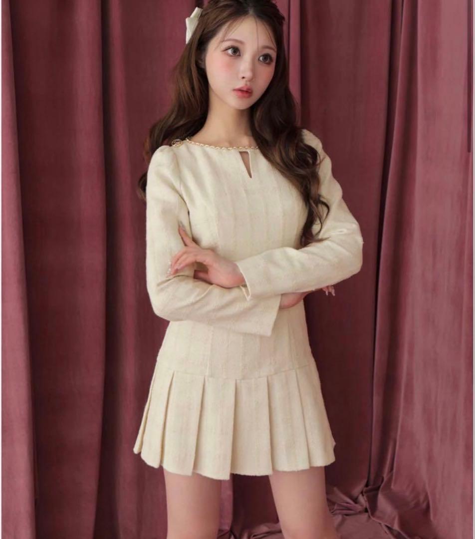 【mmeeme】ツイードチェックプリーツワンピース