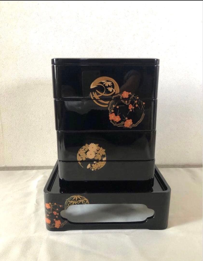 能登 輪島塗 花丸四君子蒔絵四段重箱 二枚蓋 重台付 漆器 重箱 未使用品