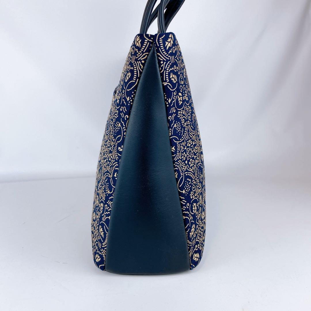 極美品 印傳屋 A4可 ハンドバッグ ネイビー ぶどう唐草 レザー 本革