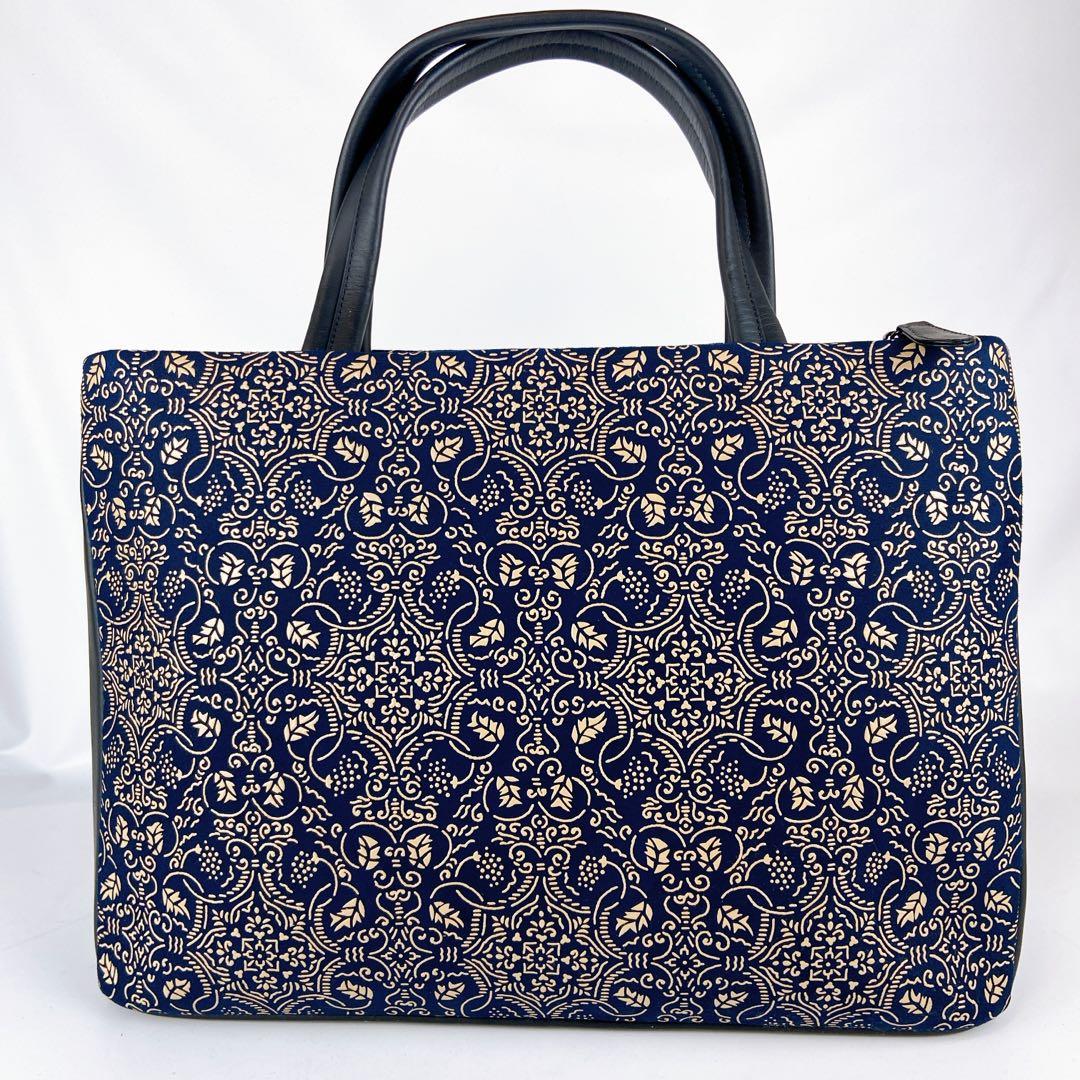 極美品 印傳屋 A4可 ハンドバッグ ネイビー ぶどう唐草 レザー 本革