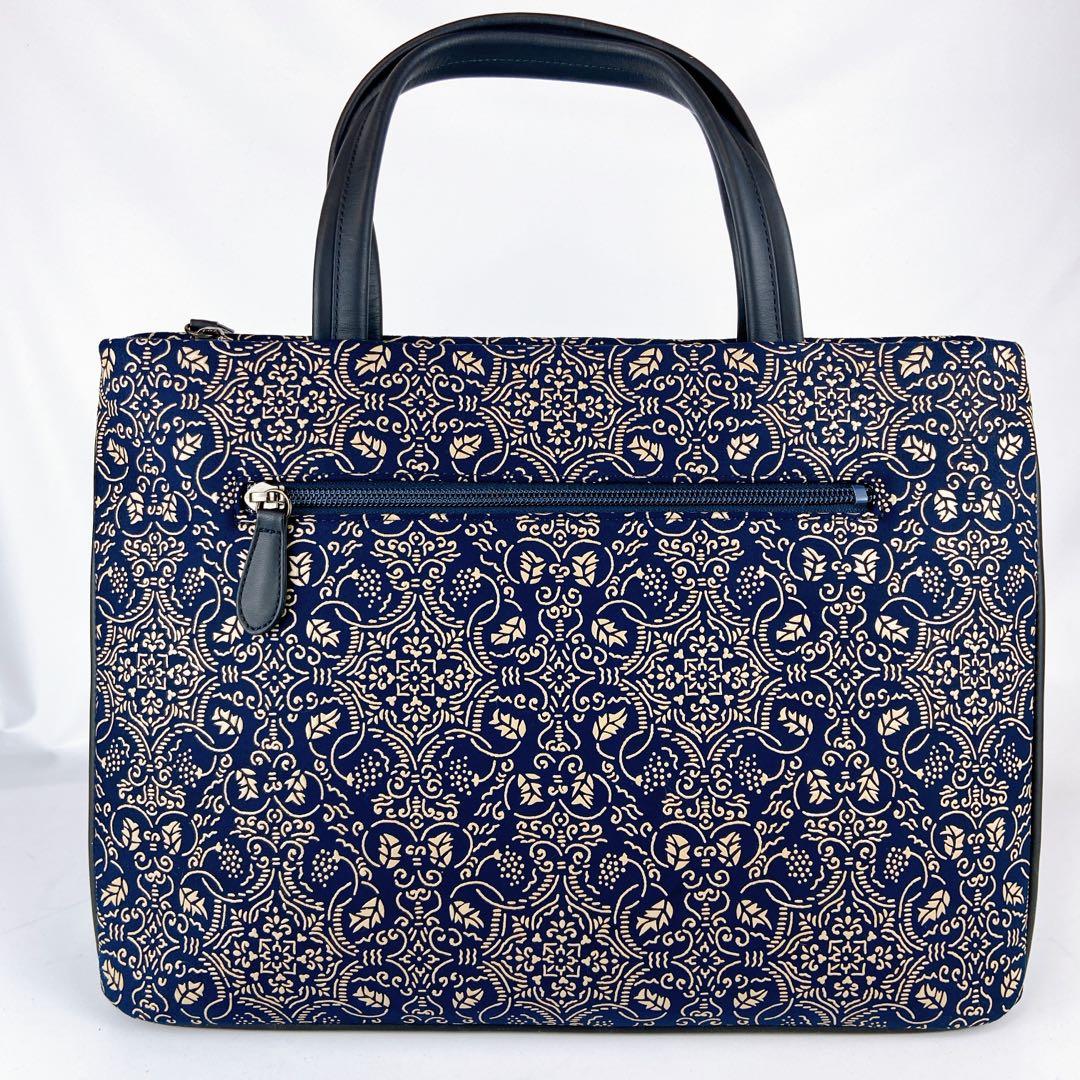 極美品 印傳屋 A4可 ハンドバッグ ネイビー ぶどう唐草 レザー 本革