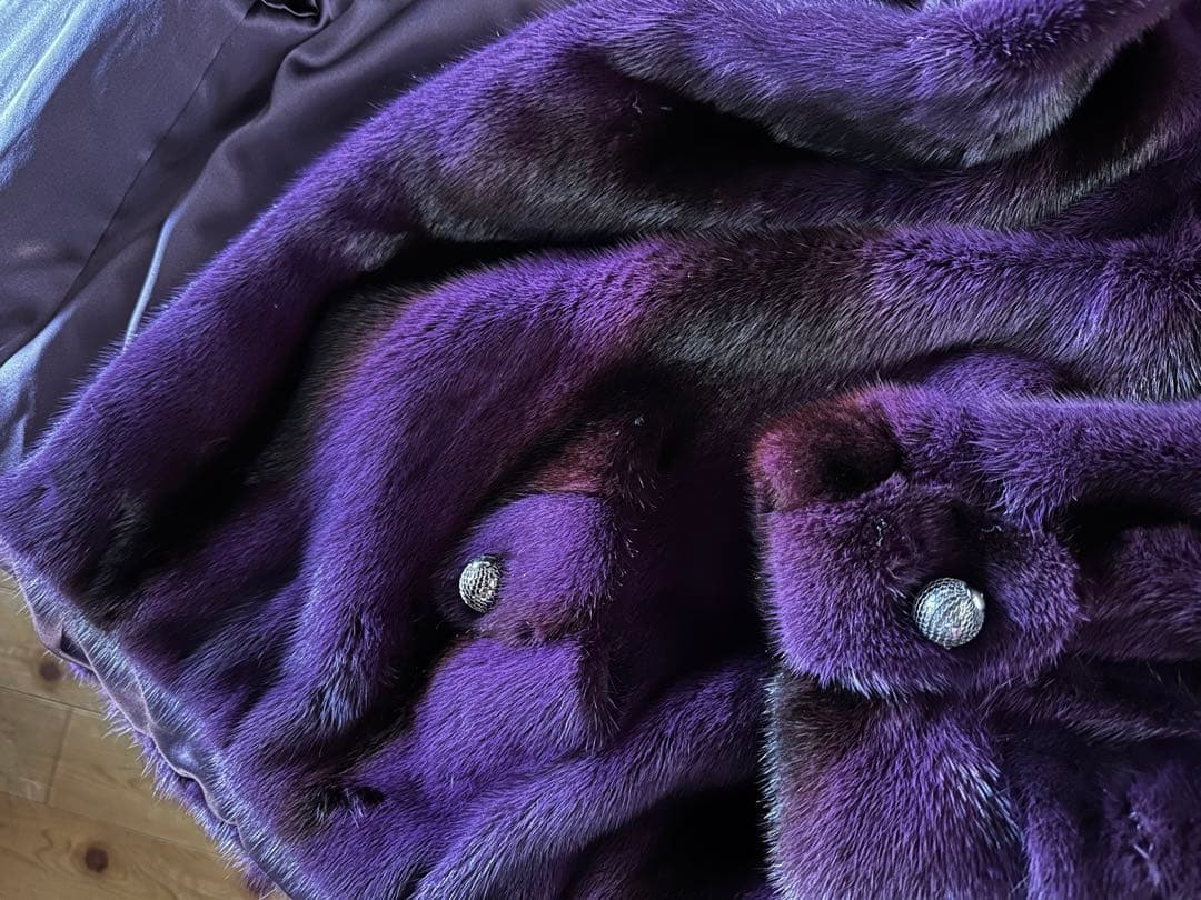 ミンク　毛皮　フード付き　ショート丈　パープル　紫