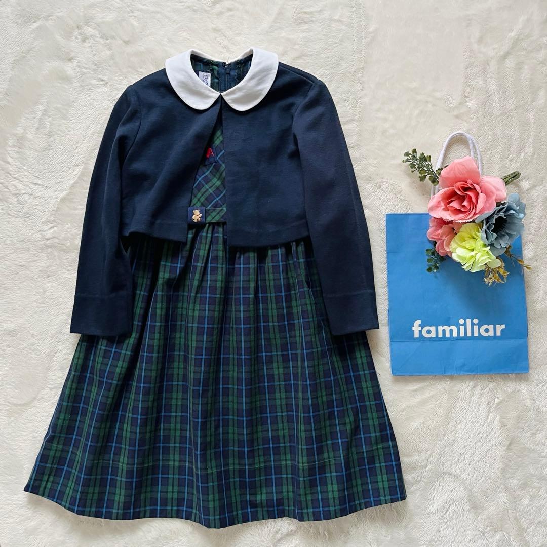 美品✨ファミリア　フォーマルアンサンブル　115 白襟ワンピース　ベア刺繍　くま