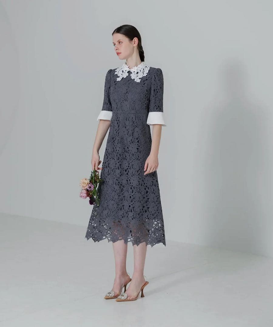 leja 花柄レースカラースパンコールAラインワンピースドレス　ドレス