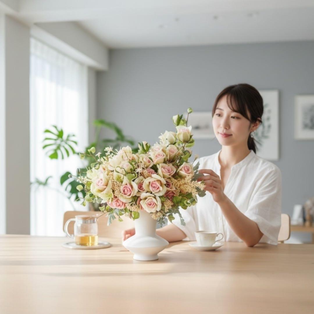 光触媒フラワーアレンジメント｜ローズを贅沢に束ねた くすみカラーの高級アレンジ